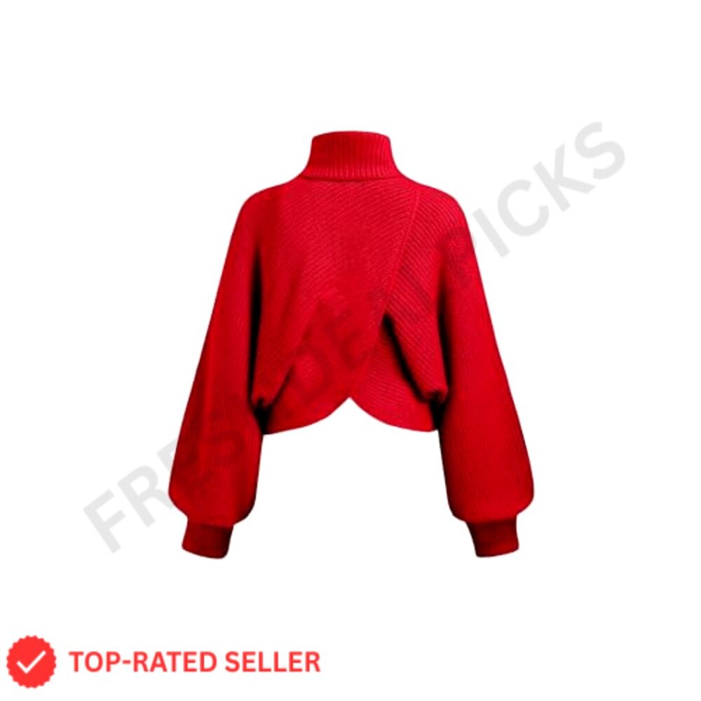 Cropped Turtleneck Sweater Long Sleeve Ribbed Knit Lantern Sleeve Pullover - Picture 5 of 7